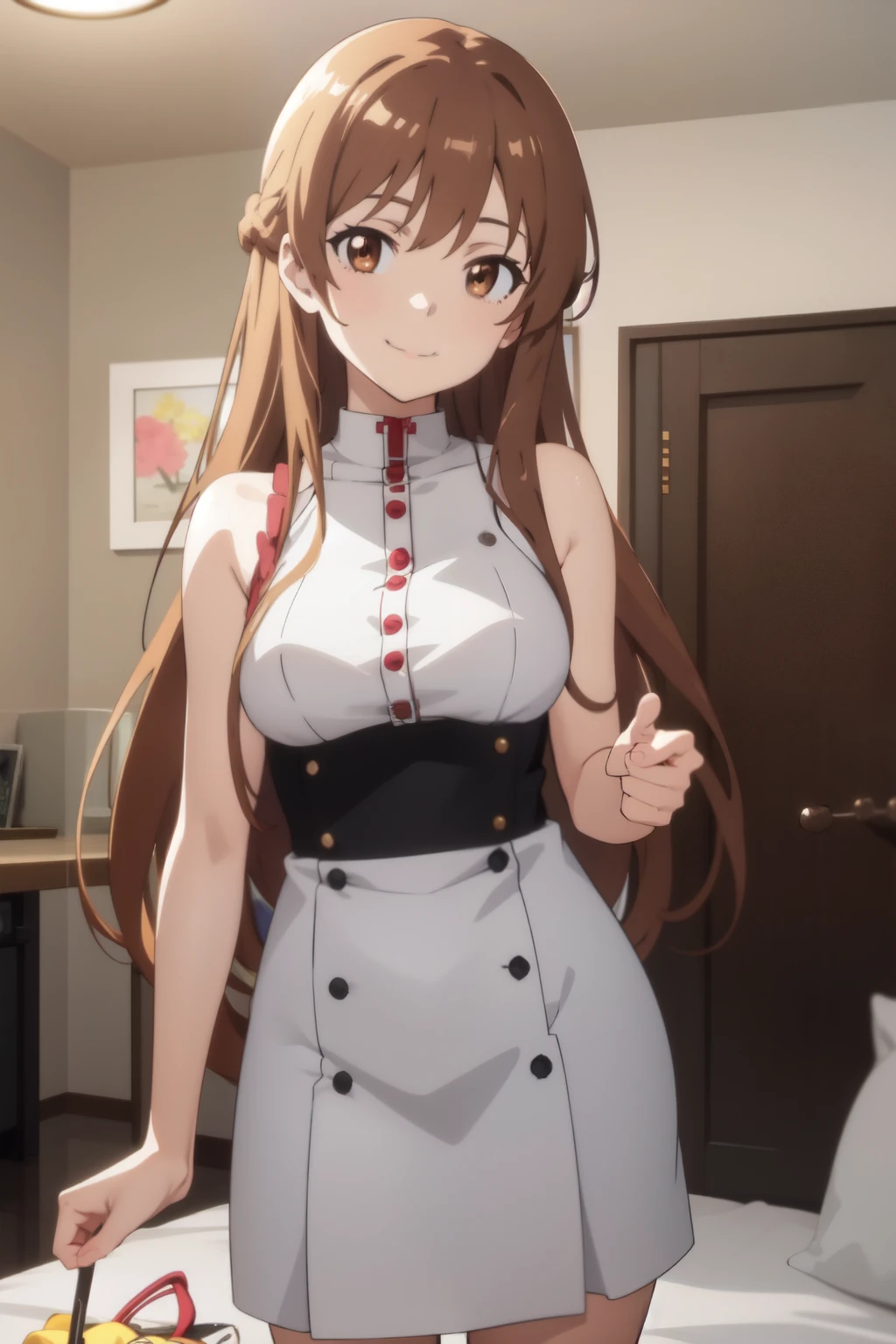 Anime background art, bottom of room, one bed, standing, beautiful anime scenes, 4K anime art wallpaper, 4k anime art wallpaper, Rosla global illumination, anime girl, best quality, detailed, 1 girl, alone, same as LORA, same as lora, closed mouth, smile, brown hair, lora hairstyle, long hair, defined eyes, brown eyes, looking at viewer, perfect face, perfect eyes, lora costume, big tits.