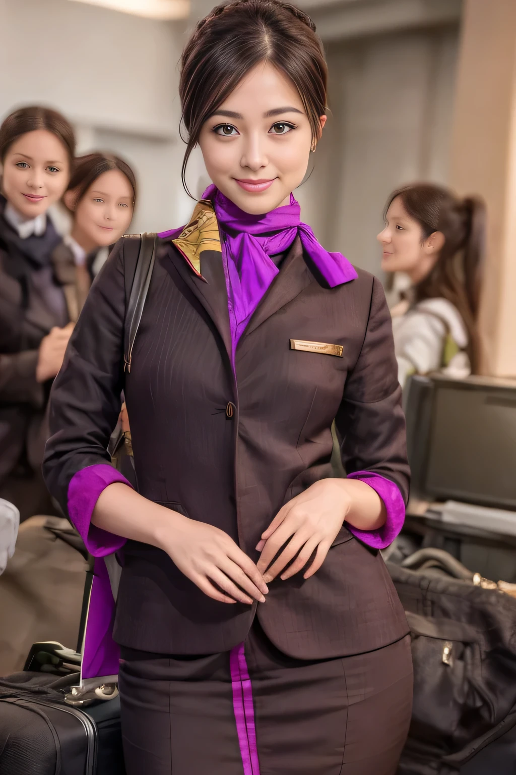 (masterpiece:1.2、highest quality:1.2)、32K HDR、High resolution、(alone、1 girl、Slim figure)、（A realistic reproduction of the ETIHAD Airways Cabincrew Uniform）、 (At the airport counter, Professional Lighting)、Airport counter wall background、A proper woman, Beautiful Face,、（Long sleeve ETIHAD Airways Cabincrew Uniform）、（ETIHAD Airways Cabincrew Uniform skirt with purple stripe on the front）、（scarf on chest）、Big Breasts、（Long Hair Up、Hair Bun）、Dark brown hair、Long Shot、（（Great hands：2.0））、（（Harmonious body proportions：1.5））、（（Normal limbs：2.0））、（（Normal finger：2.0））、（（Delicate eyes：2.0））、（（Normal eyes：2.0））)、Beautiful standing posture、smile、Place your hands around your stomach