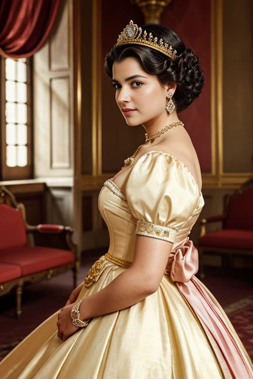 QUEEN, BBW, photo vintage, visage feminin parfait, tache de rousseur, 1888,sfw ,FRONT-side VIEW, Rembrandt LIGHT ,, BEAUTIFUL EYES, BEAUTIFUL HANDS, LIGHT SMILES, PERFECT FACE, tres long décolleté, CASTLE BACKGROUND , NECKLACE, RING, JEWELERY RICH, SFW, VERY COLORFUL, castle ROOM, mangenta royal dress, 4 FINGERS, PERFECT ASS, crown, rococo