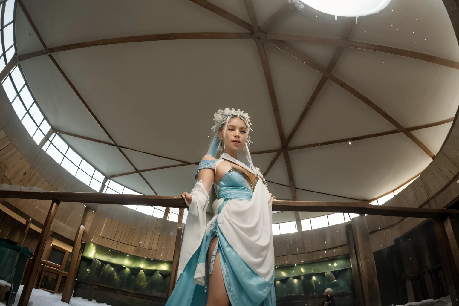 (Best quality, 8k, 32k, Masterpiece, UHD:1.2) "Imagine the majestic and serene Northern Water Tribe from Avatar: The Last Airbender. Describe an expansive city built entirely of ice and snow, nestled in the heart of the North Pole. The architecture is both grand and intricate, with towering ice palaces, elegantly curved bridges, and structures carved from solid ice, all shimmering under the soft glow of the Northern Lights.
The city is protected by massive ice walls and connected by a network of canals and waterways, which serve as the main thoroughfares for its inhabitants. Boats glide silently through these canals, piloted by Waterbenders who use their bending skills to navigate the icy waters. The air is crisp and cold, filled with the scent of fresh snow and the distant sound of water flowing.
The people of the Northern Water Tribe are dressed in thick, fur-lined garments to protect against the frigid temperatures. Their culture is deeply rooted in Waterbending and a harmonious relationship with the ocean and the spirits. Central to the city is the Spirit Oasis, a lush and warm sanctuary surrounded by a grove of trees, where the spiritual energy is palpable and the water is always warm.
Describe the daily life in the Northern Water Tribe, focusing on the communal activities, Waterbending training sessions, and the preparation for various cultural events and rituals. Highlight the sense of community and tradition, as well as the beauty and resilience of a people living in harmony with their harsh, yet stunning, environment." (fish-eye lens))