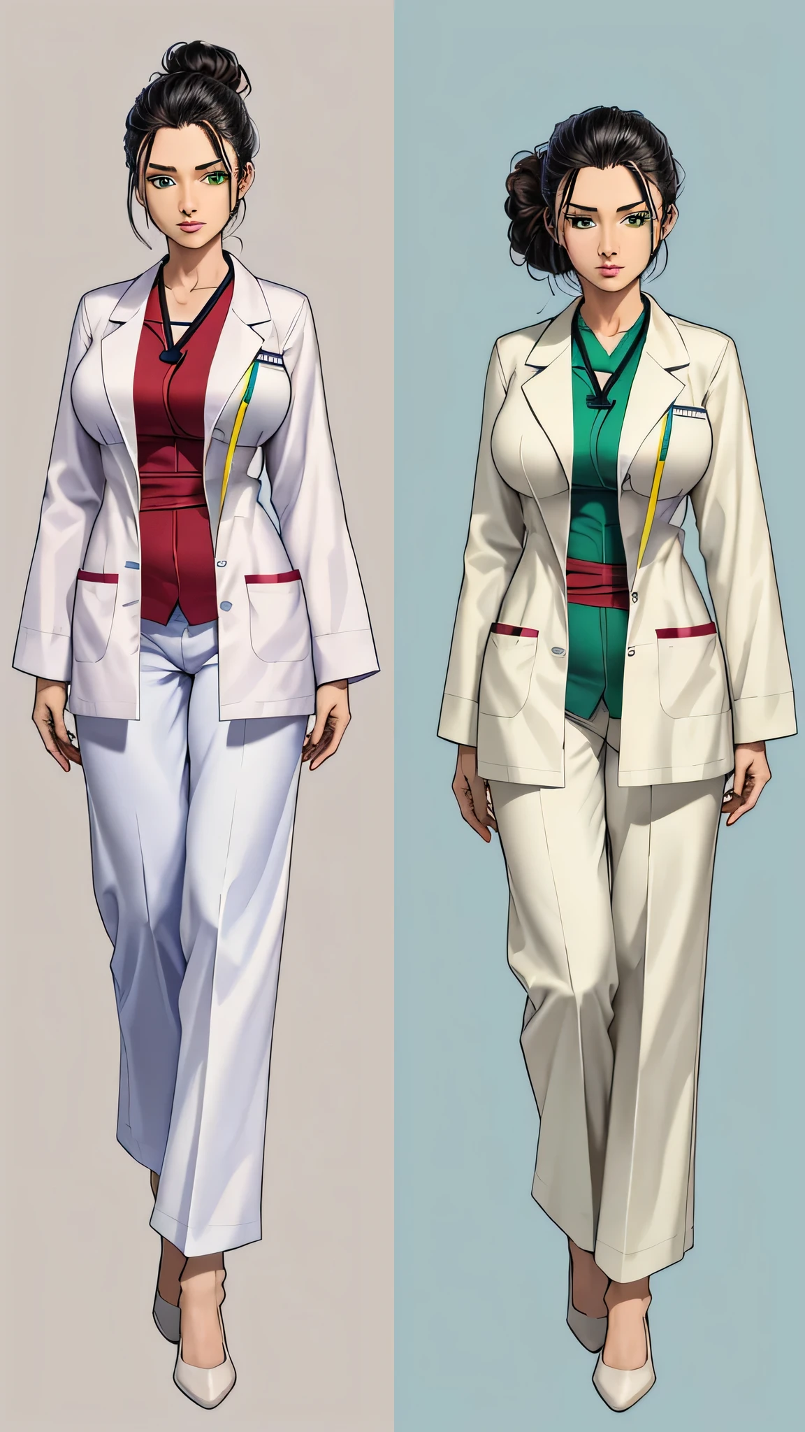 Full body turnaround(Masterpiece, hiquality, absurdress) 1Woman, black hair, messy bun hair, Green eyes, a perfect face, amazing body, big breasts, ((Best Quality)), ((Masterpiece)), (Detailed:1.4), white robe, (Medical uniform with pants and shirt), (medical clothing), (Doctor's costume), Dr, Familiarize yourself with medical documents, hospital, Emergency Physician,