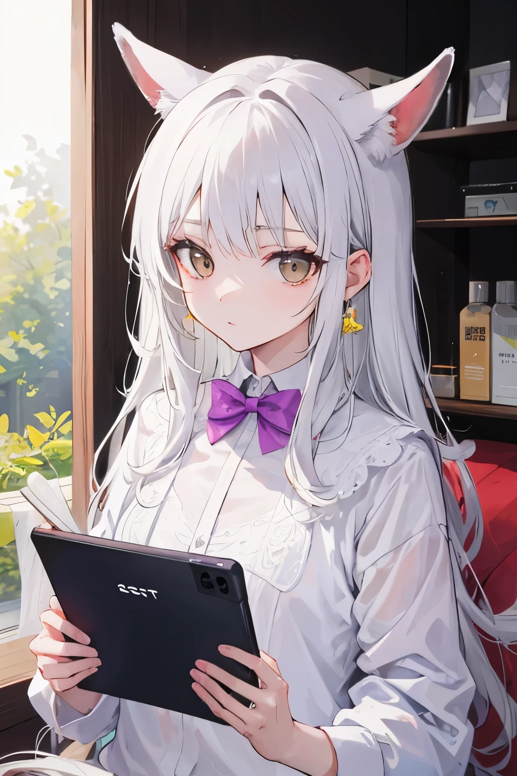 Una chica,Cabello blanco,Orejas de conejo,Esta en una casa,Sostiene una tablet,Esta diciendo adios,Cuerpo completo