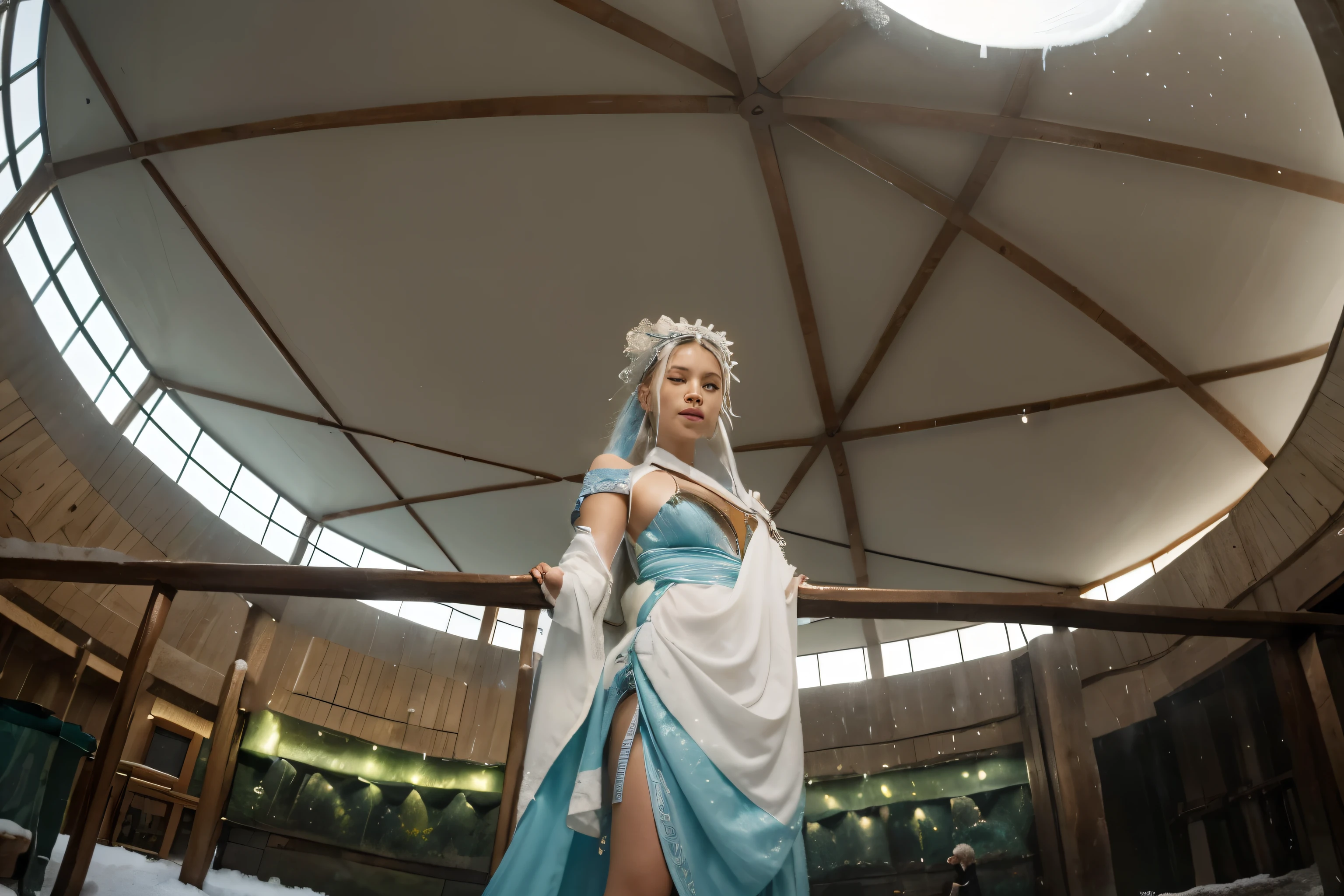 (Best quality, 8k, 32k, Masterpiece, UHD:1.2) "Imagine the majestic and serene Northern Water Tribe from Avatar: The Last Airbender. Describe an expansive city built entirely of ice and snow, nestled in the heart of the North Pole. The architecture is both grand and intricate, with towering ice palaces, elegantly curved bridges, and structures carved from solid ice, all shimmering under the soft glow of the Northern Lights.
The city is protected by massive ice walls and connected by a network of canals and waterways, which serve as the main thoroughfares for its inhabitants. Boats glide silently through these canals, piloted by Waterbenders who use their bending skills to navigate the icy waters. The air is crisp and cold, filled with the scent of fresh snow and the distant sound of water flowing.
The people of the Northern Water Tribe are dressed in thick, fur-lined garments to protect against the frigid temperatures. Their culture is deeply rooted in Waterbending and a harmonious relationship with the ocean and the spirits. Central to the city is the Spirit Oasis, a lush and warm sanctuary surrounded by a grove of trees, where the spiritual energy is palpable and the water is always warm.
Describe the daily life in the Northern Water Tribe, focusing on the communal activities, Waterbending training sessions, and the preparation for various cultural events and rituals. Highlight the sense of community and tradition, as well as the beauty and resilience of a people living in harmony with their harsh, yet stunning, environment." (fish-eye lens))