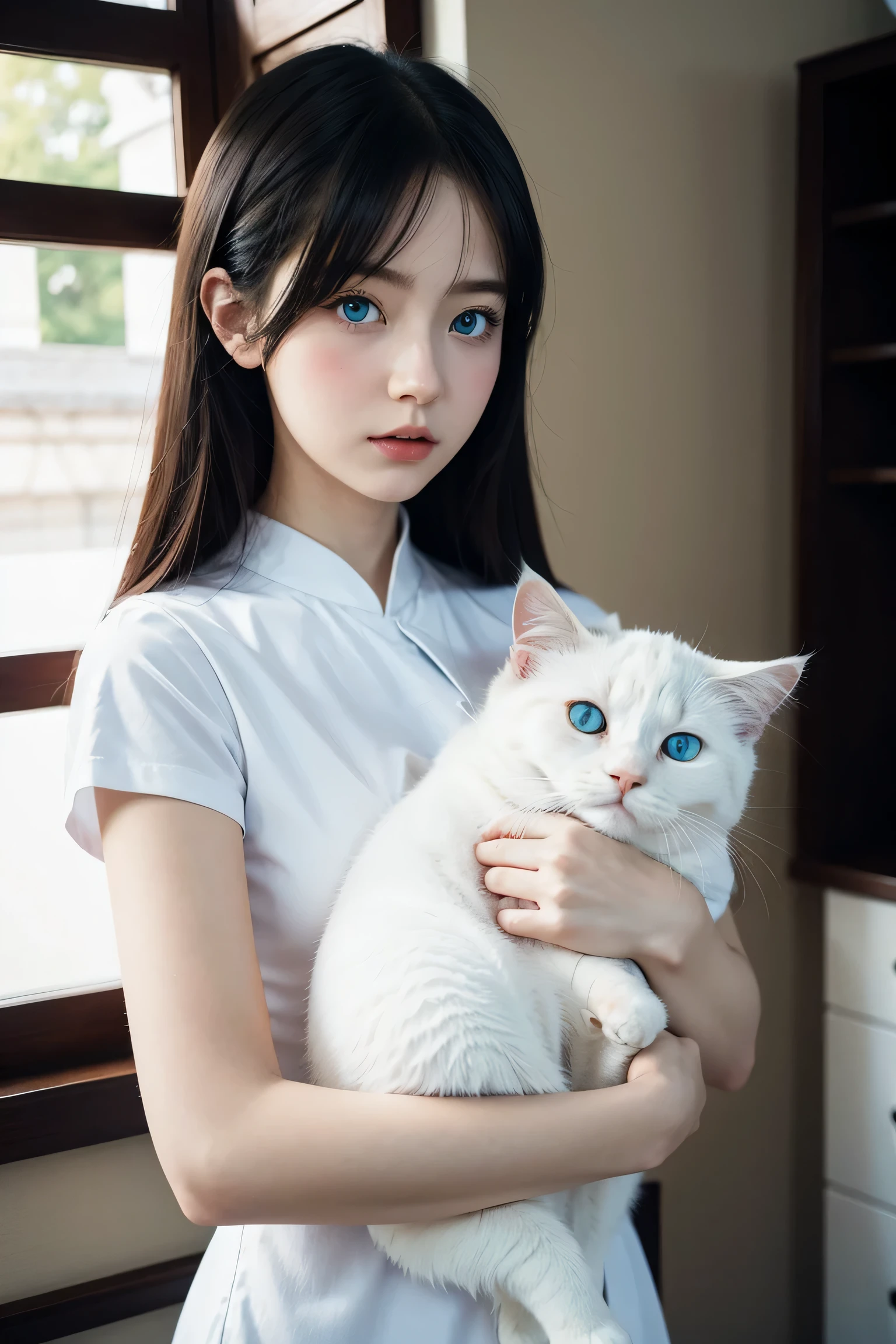 Anime girl with blue eyes holding a white cat in her arms, beautiful Anime catgirl, Very beautiful and cute cat girl, Artgerm and Atey Ghailan, White cat girl, Artwork in the style of Guweiz, very beautiful Anime cat girl, Beautiful anime portrait, Anime cat, Beautiful young catwoman, Artyom and Ilya Kuvshinov