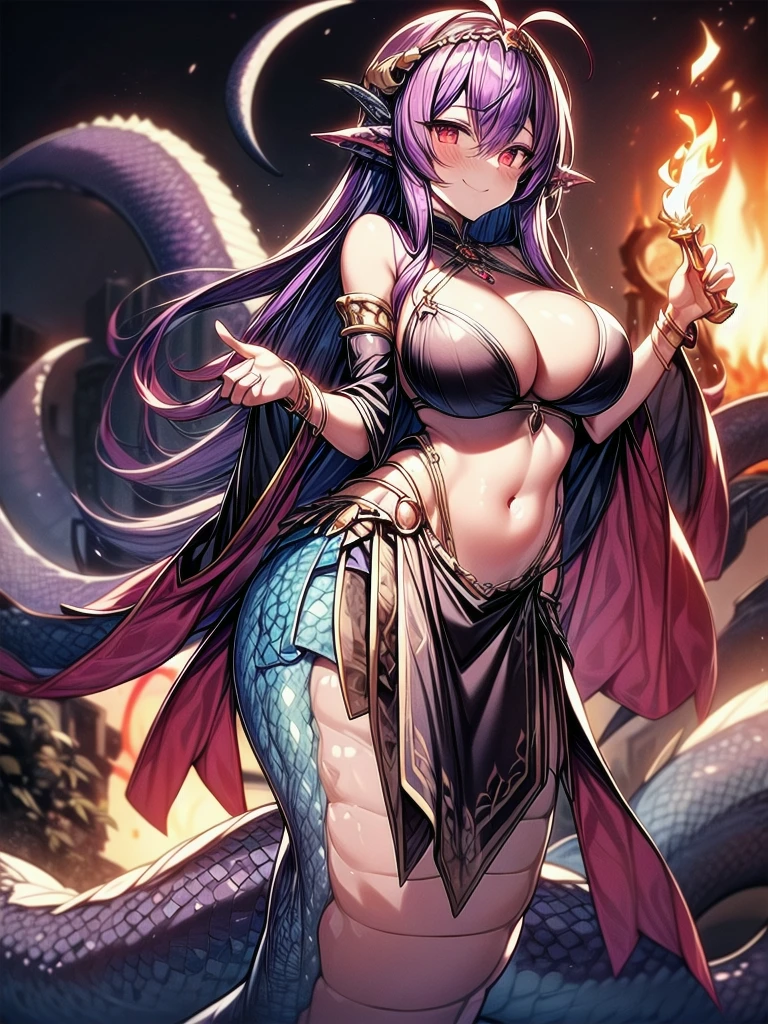 ((best quality)), ((highly detailed)), masterpiece, perfect lighting, 1girl, breasts, monster-girl, long-hair, solo, lamia, purple-hair, red-eyes, navel, large-breasts, fire, hair-intakes, looking-at-viewer, smile, scales, jewelry, bangs, cleavage, arms-up,tiara, pelvic-curtain, closed-mouth, circlet, standing, very-long-hair, hair-between-eyes, sidelocks, bikini, shawl, swimsuit, bare-shoulders, flaming-weapon ,bracelet, antenna-hair, armlet, chain, floating-hair, (lamia,monster girl)