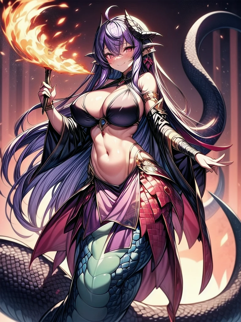 ((best quality)), ((highly detailed)), masterpiece, perfect lighting, 1girl, breasts, monster-girl, long-hair, solo, lamia, purple-hair, red-eyes, navel, large-breasts, fire, hair-intakes, looking-at-viewer, smile, scales, jewelry, bangs, cleavage, arms-up,tiara, pelvic-curtain, closed-mouth, circlet, standing, very-long-hair, hair-between-eyes, sidelocks, bikini, shawl, swimsuit, bare-shoulders, flaming-weapon ,bracelet, antenna-hair, armlet, chain, floating-hair, (lamia,monster girl)