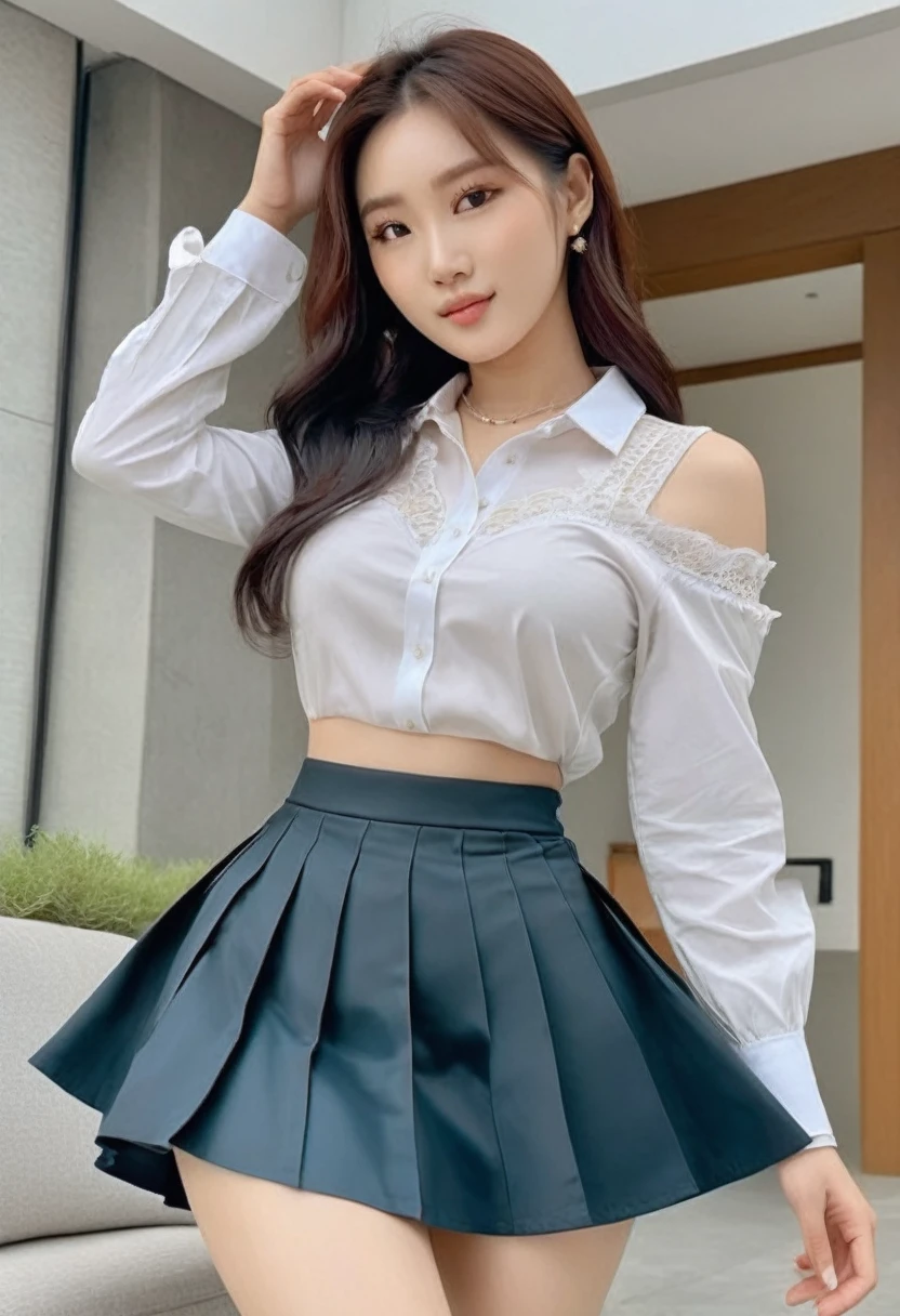 Masterpiece, top quality, characteristics of the whole body (saukztf: 1.3), brown shoulder-length hair, bangs, big eyes, parted lips, black eyes, uniform, white blouse, rain, soaked, blouse on bare skin, light blue underwear, sheer, dripping water droplets, small, pleated skirt with a plaid pattern, bending over with legs open, 17 years old,