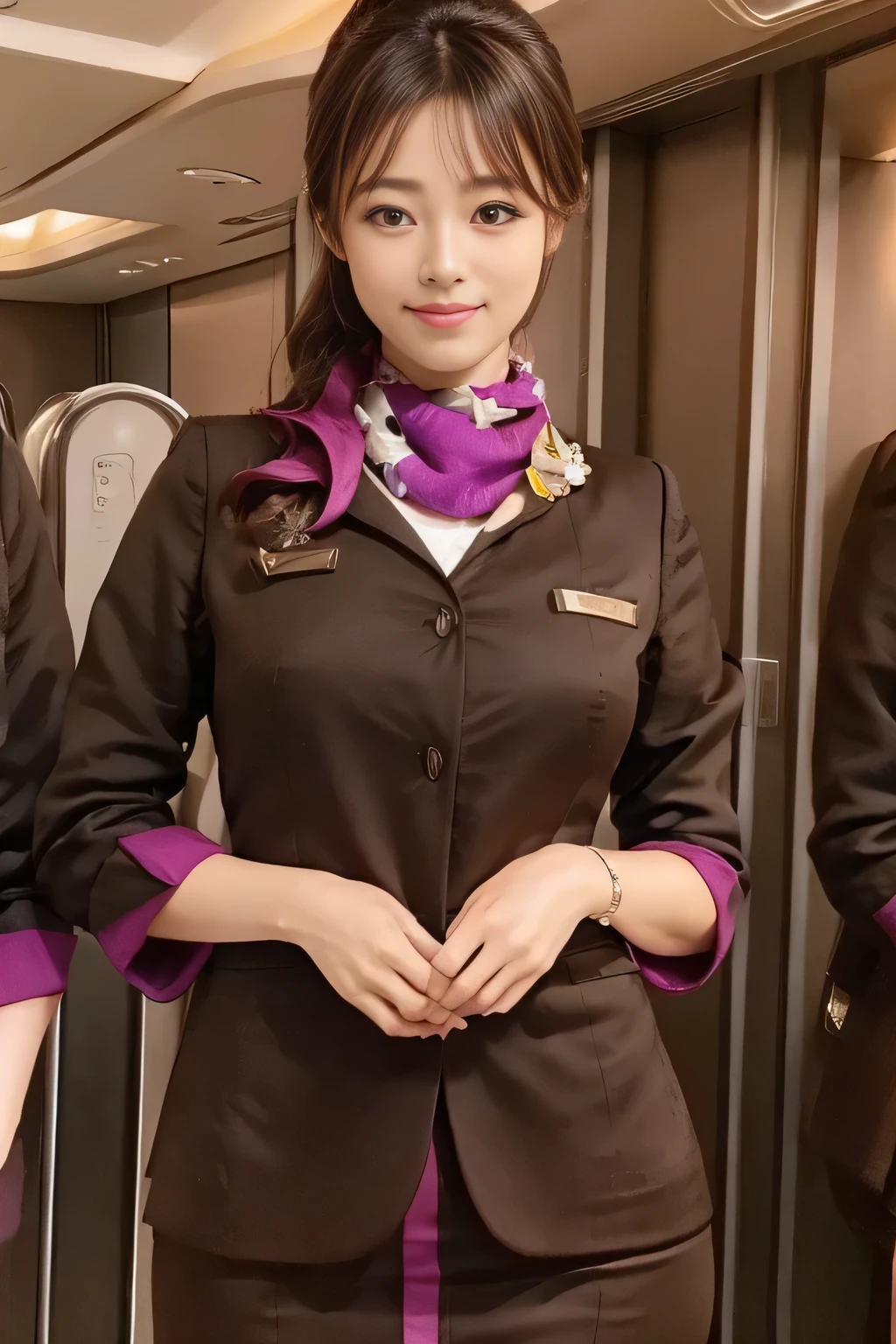 (masterpiece:1.2、highest quality:1.2)、32K HDR、High resolution、(alone、1 girl、Slim figure)、（A realistic reproduction of the ETIHAD Airways Cabincrew Uniform）、 (On board, Professional Lighting)、A proper woman, Beautiful Face,、（Long sleeve ETIHAD Airways Cabincrew Uniform）、（ETIHAD Airways Cabincrew Uniform skirt with purple stripe on the front）、（scarf on chest）、Big Breasts、（Long Hair Up、Hair Bun）、Dark brown hair、Long Shot、（（Great hands：2.0））、（（Harmonious body proportions：1.5））、（（Normal limbs：2.0））、（（Normal finger：2.0））、（（Delicate eyes：2.0））、（（Normal eyes：2.0））)、Beautiful standing posture、smile、Hands folded underneath