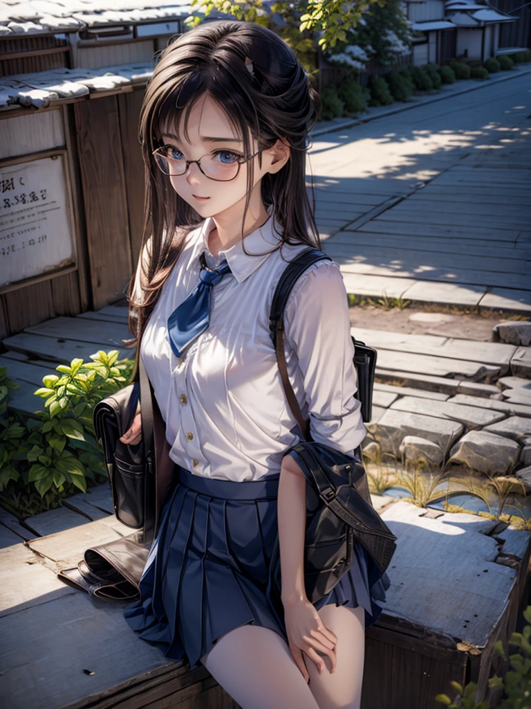 masterpiece, highest quality, Super detailed, figure,, (Equipped:1.4), One girl, Glasses, Small breasts, tie, skirt, bag, , Black Hair, Outdoor, road, Between the breasts, street, school bag, Ground vehicles, danchi, Japan,,