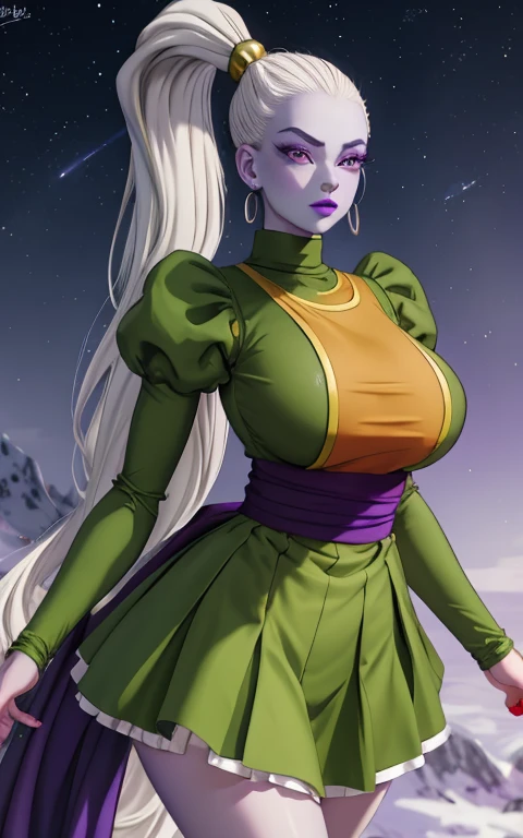 Dress_DragonBallSuper_Vados_ownwaifu, 
1girl, blue skin, white hair, hair pulled back, high ponytail, purple eyes, colored skin, alien, long hair, very long hair, lipstick, makeup, purple lips, breasts, large breasts, eyelashes,  jewelry, purple nails,
puffy sleeves, long sleeves, dress, juliet sleeves, sash, green skirt,  puffy long sleeves, turtleneck,
((masterpiece)),((best quality)),(highres, absurdres), original, bokeh, depth_of_field, scenery, spotlight, focused, looking at viewer, solo, cowboy shot,