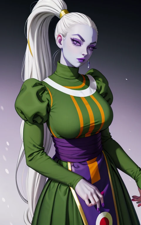 Dress_DragonBallSuper_Vados_ownwaifu,
1girl, blue skin, white hair, hair pulled back, high ponytail, purple eyes, colored skin, alien, long hair, very long hair, lipstick, makeup, purple lips, breasts, large breasts, eyelashes, jewelry, purple nails,
puffy sleeves, long sleeves, dress, juliet sleeves, sash, green skirt, puffy long sleeves, turtleneck,
((masterpiece)),((best quality)),(highres, absurdres), original, bokeh, depth_of_field, scenery, spotlight, focused, looking at viewer, solo, cowboy shot,