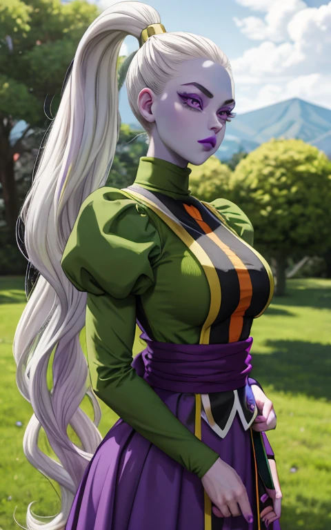 Dress_DragonBallSuper_Vados_ownwaifu, 
1girl, blue skin, white hair, hair pulled back, high ponytail, purple eyes, colored skin, alien, long hair, very long hair, lipstick, makeup, purple lips, breasts, large breasts, eyelashes,  jewelry, purple nails,
puffy sleeves, long sleeves, dress, juliet sleeves, sash, green skirt,  puffy long sleeves, turtleneck,
((masterpiece)),((best quality)),(highres, absurdres), original, bokeh, depth_of_field, scenery, spotlight, focused, looking at viewer, solo, cowboy shot,