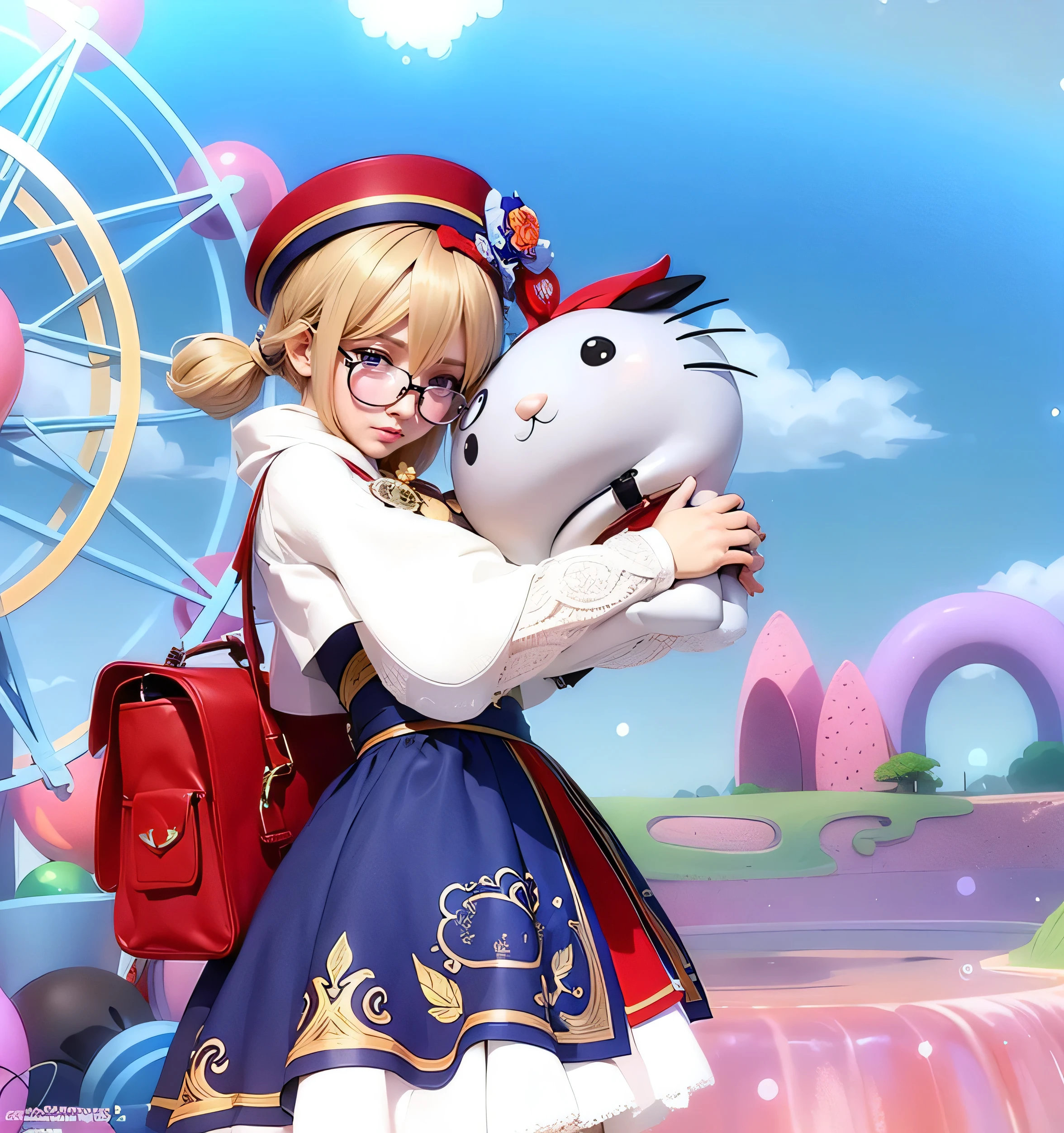 Realistic Anime style, cute girl, (detailed face 8k) (detailed hair 8k) (detailed clothes 8k) (detailed glasses 8k) blue cloak, blonde hair, 8K, HDR sharpen.