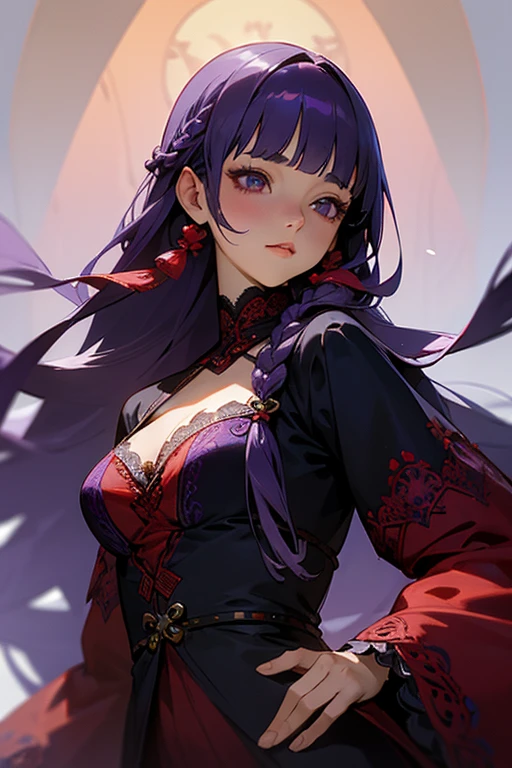 1 person, Blunt bangs, Braiding, Wide sleeves, hair ornaments,Obi says, (Purple Hair:1.2), Very long hair, Straight hair, Looking at the audience, Highly detailed background, (Realistic:1.2), Beautiful Eyes, Red eyeshadow, thigh, (Urzan-6500:0.7), Upper Body, (alone:1.2), (Cyberpunk City:1.1), Cleavage,,Glowing Skin、(Navel exposed).((Face close-up))、((smile))、(Red lace costume).((Sexy pose)).