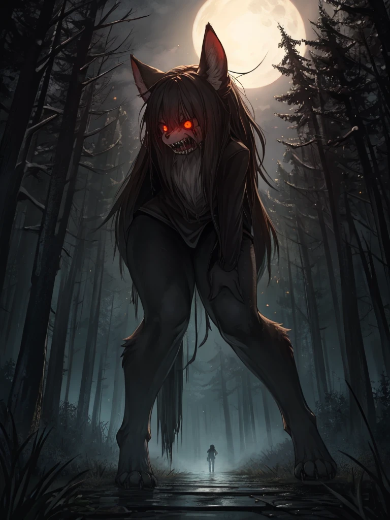 realistic classical digital painting view from below, depth of field, motion blur, hdr, a anthro female wendigo with a wolf skull for a head, black scrawny, furry, female, body positive, long messy hair, dynamic Flying Body Press, detailed fluffy navel towards viewer, detailed hair, white dot eyes, in a dark overcast forest, focus on navel,cart00d