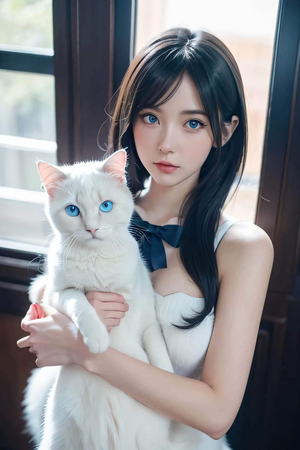 Anime girl with blue eyes holding a white cat in her arms, beautiful Anime catgirl, Very beautiful and cute cat girl, Artgerm and Atey Ghailan, White cat girl, Artwork in the style of Guweiz, very beautiful Anime cat girl, Beautiful anime portrait, Anime cat, Beautiful young catwoman, Artem and Ilya Kuvshinov