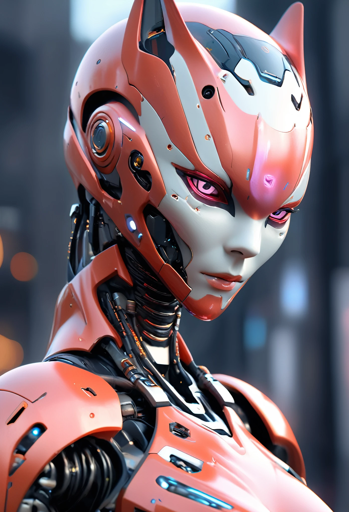 (best quality,4k,8k,highres,masterpiece:1.2),ultra-detailed,(realistic,photorealistic,photo-realistic:1.37), a beautiful android girl with cat eyes, 1girl, detailed face, detailed eyes, detailed lips, long eyelashes, porcelain skin, mecha, futuristic, cyberpunk, neon city, glowing cybernetic implants, iridescent, highly detailed, cinematic lighting, octane render, 8k, photorealistic