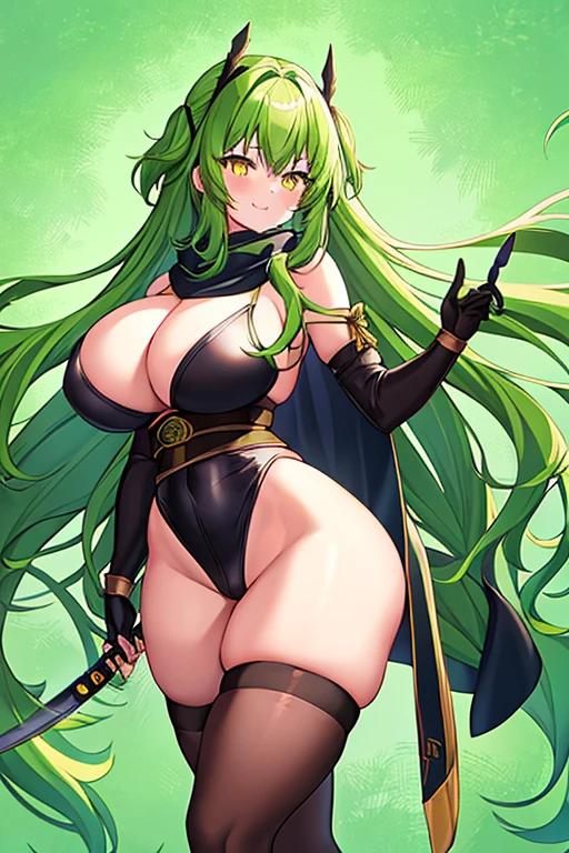 1girl, green hair, long hair, yellow eyes, light smile, glowing eyes, large breasts, thick thighs, athletic female, toned, leotard, black leotard, thighhighs, arm strap, thigh strap, black thighhighs, belt, knife, pantyhose, black pantyhose, ninja, kunoichi, scarf, robe, cape, spear