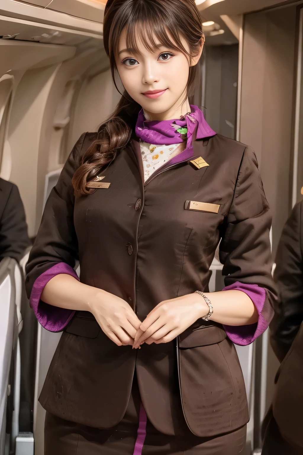 (masterpiece:1.2、highest quality:1.2)、32K HDR、High resolution、(alone、1 girl、Slim figure)、(A realistic reproduction of the ETIHAD Airways Cabincrew Uniform)、 (On board, Professional Lighting)、A proper woman, Beautiful Face,、(Long sleeve ETIHAD Airways Cabincrew Uniform)、(ETIHAD Airways Cabincrew Uniform skirt with purple stripe on the front)、(scarf on chest)、Big Breasts、(Long Hair Up、Hair Bun)、Dark brown hair、Long Shot、((Great hands:2.0))、((Harmonious body proportions:1.5))、((Normal limbs:2.0))、((Normal finger:2.0))、((Delicate eyes:2.0))、((Normal eyes:2.0)))、Beautiful standing posture、smile、Hands folded underneath