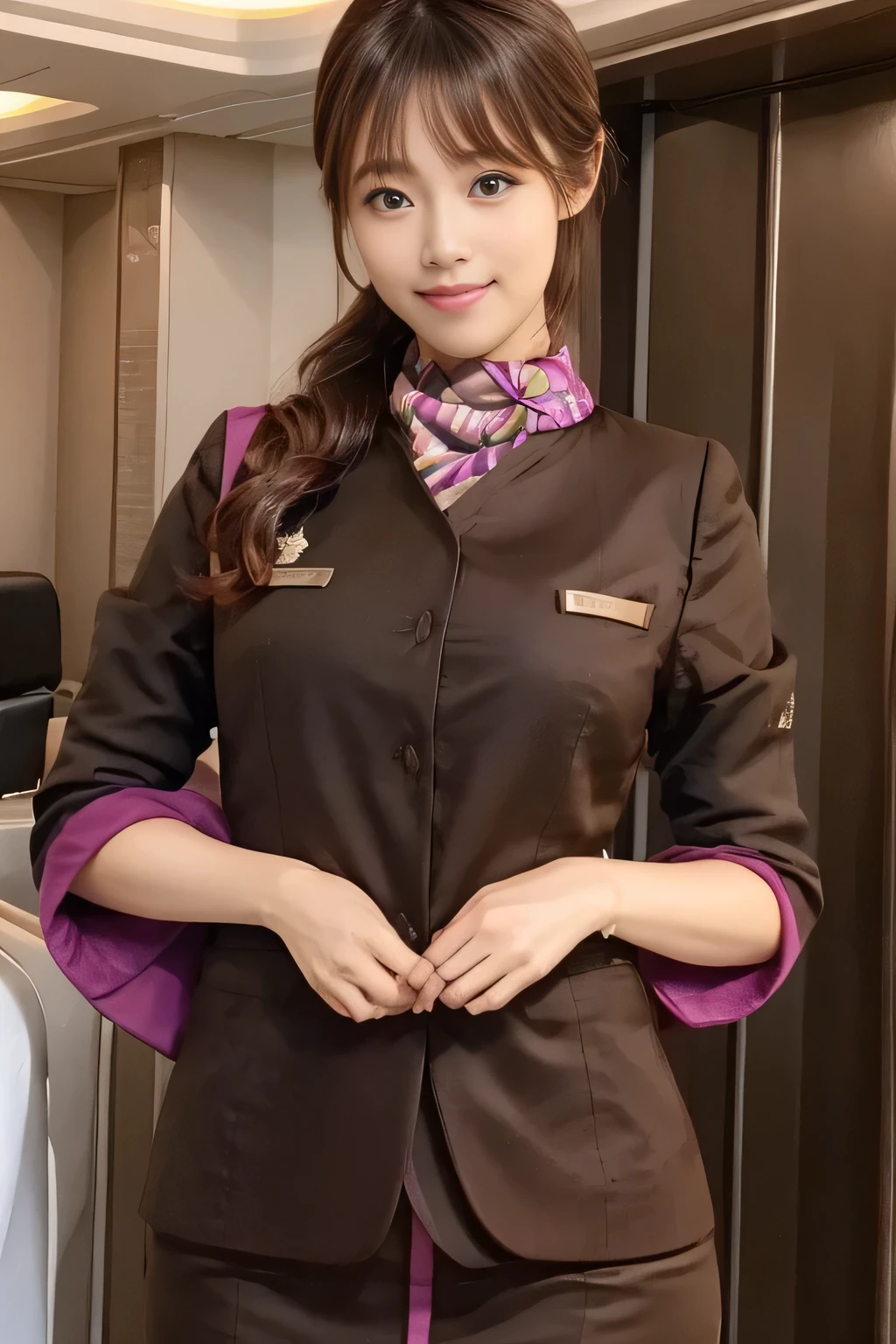 (masterpiece:1.2、highest quality:1.2)、32K HDR、High resolution、(alone、1 girl、Slim figure)、（A realistic reproduction of the ETIHAD Airways Cabincrew Uniform）、 (On board, Professional Lighting)、A proper woman, Beautiful Face,、（Long sleeve ETIHAD Airways Cabincrew Uniform）、（ETIHAD Airways Cabincrew Uniform skirt with purple stripe on the front）、（scarf on chest）、Big Breasts、（Long Hair Up、Hair Bun）、Dark brown hair、Long Shot、（（Great hands：2.0））、（（Harmonious body proportions：1.5））、（（Normal limbs：2.0））、（（Normal finger：2.0））、（（Delicate eyes：2.0））、（（Normal eyes：2.0））)、Beautiful standing posture、smile、Hands folded underneath