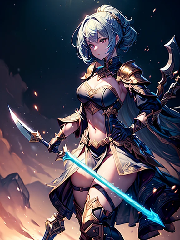(((masterpiece, best quality, 8k))) Design a layout showcase Gaming character, (1girl),((perfect face, high detailed face)). Golden+Purle clothes, stylish and unique, ((showcase weapon:1.4)), magic staff, (masterpiece:1.2), (best quality), 4k, ultra-detailed, (Step by step design, layout art:1.5), (luminous lighting, atmospheric lighting), magican, ((glove full hands)), (((revealing clothes:1.3))), vambraces, armored legwear, (((full_body_shot:1.4)))