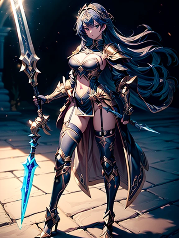 (((masterpiece, best quality, 8k))) Design a layout showcase Gaming character, (1girl),((perfect face, high detailed face)). Golden+Purle clothes, stylish and unique, ((showcase weapon:1.4)), magic staff, (masterpiece:1.2), (best quality), 4k, ultra-detailed, (Step by step design, layout art:1.5), (luminous lighting, atmospheric lighting), magican, ((glove full hands)), (((revealing clothes:1.3))), vambraces, armored legwear, (((full_body_shot:1.4)))
