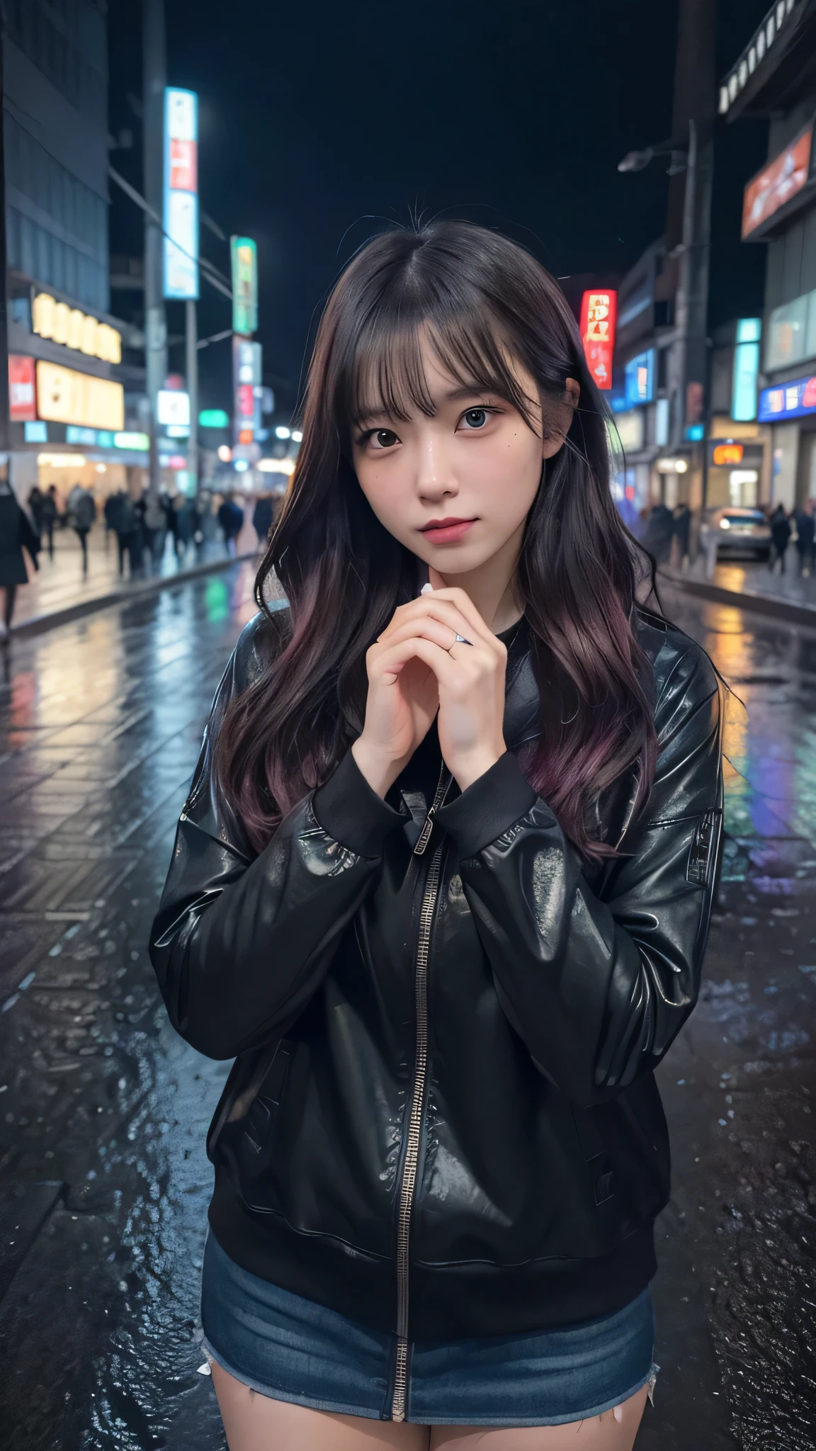 8K, RAW photo, highest quality, masterpiece:1.2),(realistic, photo-realistic:1.37),tokyo street,night, rain, Wet:1.2,cityscape,night, cyberpunk city,soft light,1 girl,, very beautiful face,big bust,put down hands,random hairstyle,random hair color,random expression,pigs knee