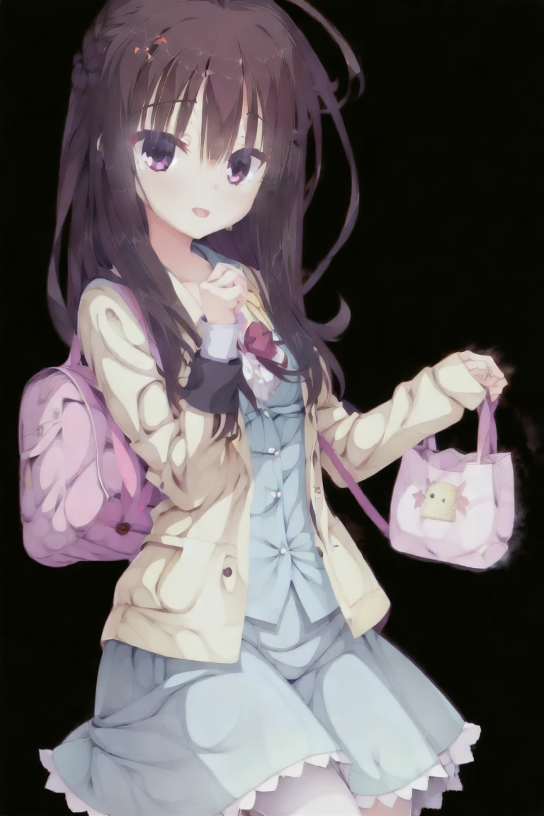 -First Love, One girl, Telephone, Holding Telephone, cellTelephone, 緑のeye, skirt, Holding, pantyhose, smartTelephone, Long Hair, , Open your mouth, bag, hair ornaments, 笑face, bangs, Hair Clip, pleated skirt, Open clothes, View Viewer, red bow, black skirt, Ahoge, throw, blush, shirt, Sailor collar, bow, serafuku, Brown Hair, Are standing, Long sleeve, red bowtie, clavicle, cardigan, :d, school bag, bowtie, ribbon, hair ribbon, white Sailor collar, coat, Depth of written boundary, Blurred foreground, teeth,expensive_solve, clear_image, expensive_Contrast, 8k, Sparkling, beautiful_detailed_face_and_eye, (Dark Brown Hair:1.25), 白 eye,Black background