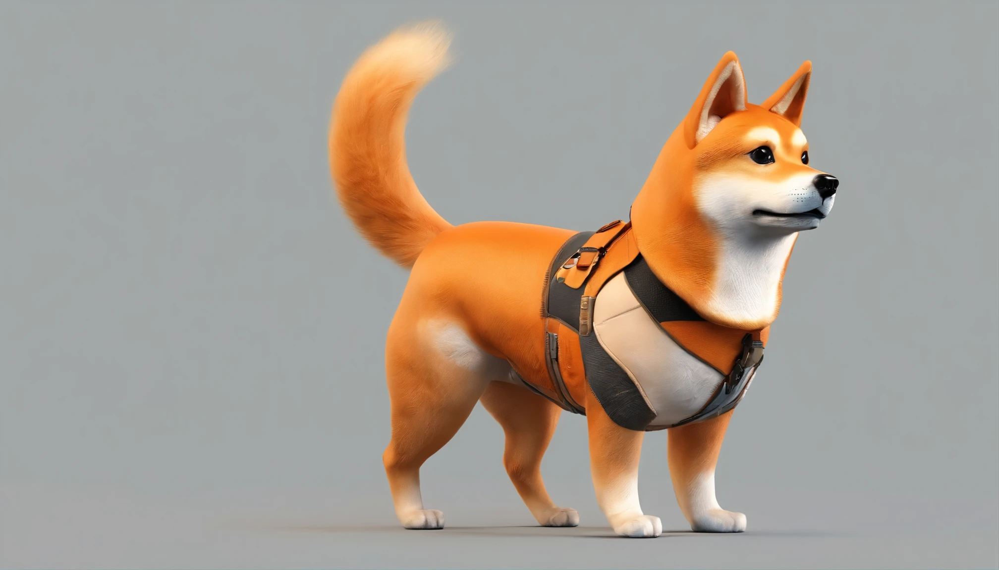 Um cachorrinho fofo,cachorro shiba com uma jaqueta de cor laranja com simbolos do Bitcoin