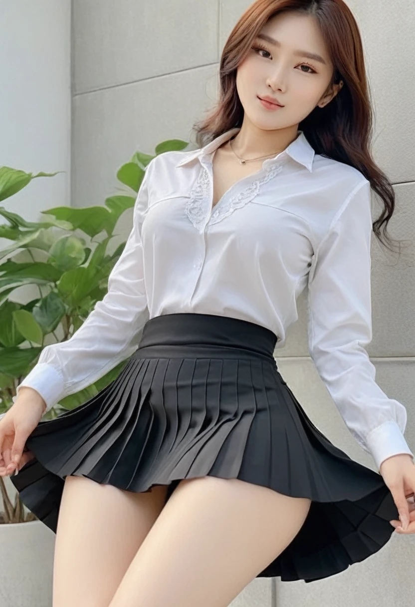 (best high quality:1.2), Work of art, 8k, extremely detailed, (High detail:1.2), ((perfect anatomy in hands)), (Hotlexi woman), Solo, 24 year old Korean female, ((skirt)),