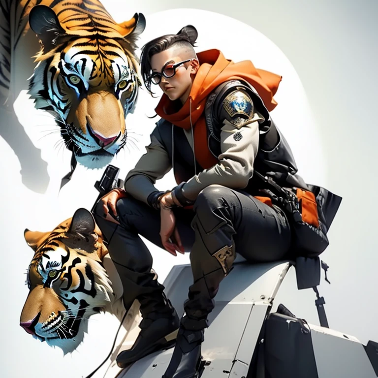 a tiger is sitting on top of a robot with a gun in its hand and a gun in its hand, Aleksi Briclot, warhammer, concept art, furry art