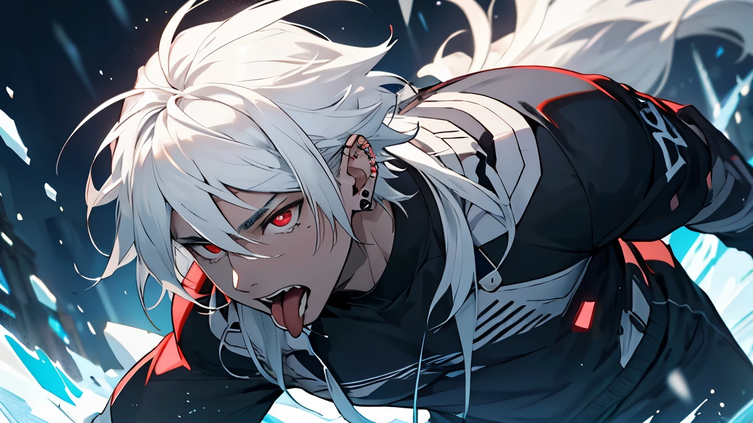  Male, Man, 20 years old, thin body, not very muscular, pale skin, white hair, medium-long hair, messy, mullet style, deep red eyes, cold expression, dangerous beauty, pierced ears, piercing tongue. Sticking out tongue.