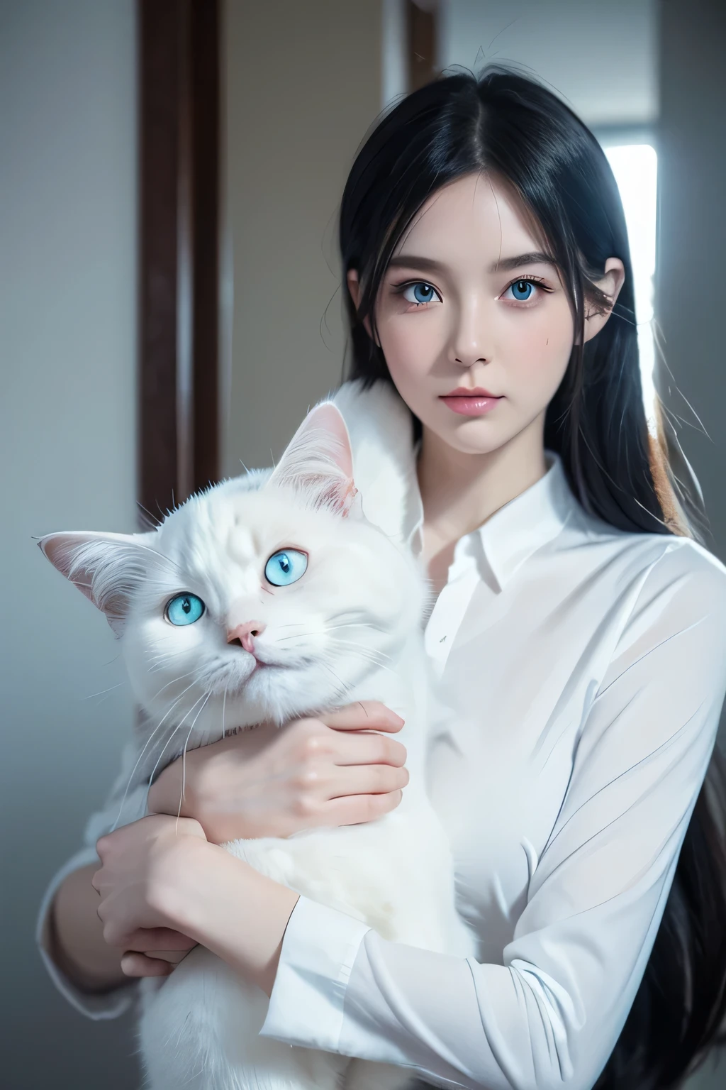 Anime girl with blue eyes holding a white cat in her arms, beautiful Anime catgirl, Very beautiful and cute cat girl, Artgerm and Atey Ghailan, White cat girl, Artwork in the style of Guweiz, very beautiful Anime cat girl, Beautiful anime portrait, Anime cat, Beautiful young catwoman, Artem and Ilya Kuvshinov