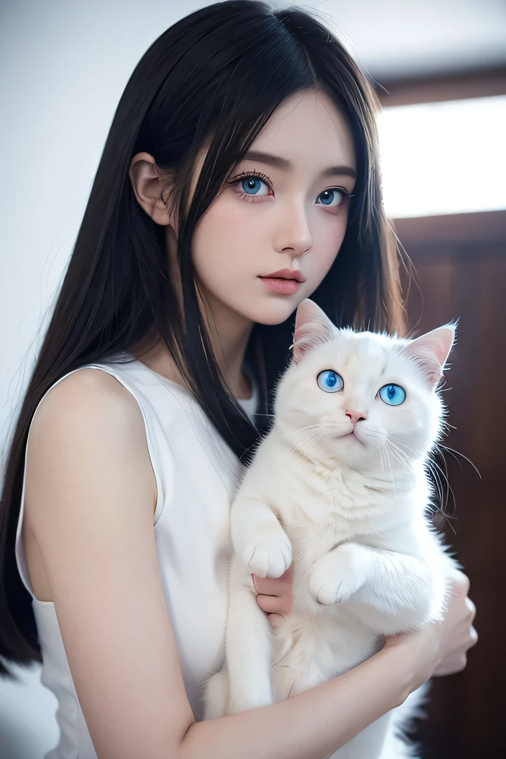 Anime girl with blue eyes holding a white cat in her arms, beautiful Anime catgirl, Very beautiful and cute cat girl, Artgerm and Atey Ghailan, White cat girl, Artwork in the style of Guweiz, very beautiful Anime cat girl, Beautiful anime portrait, Anime cat, Beautiful young catwoman, Artyom and Ilya Kuvshinov