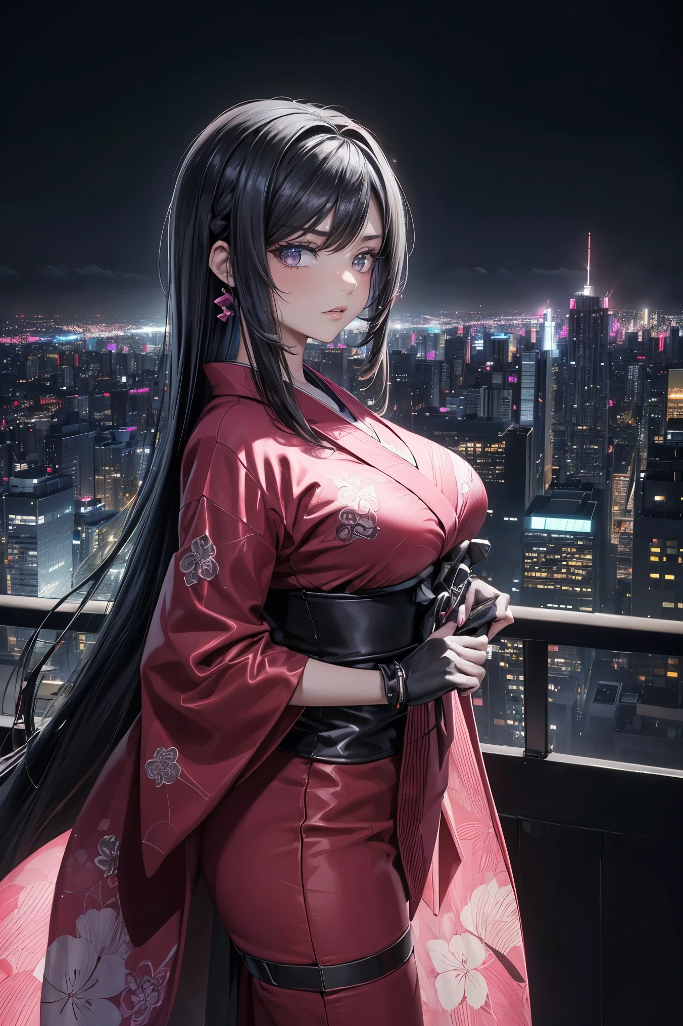 anime, (obra de arte, melhor qualidade, ultra-detalhado, alto contraste), 1 mulher (Sozinho, corpo todo, corpo plus size, standing on the edge of the skyscraper, cabelo prateado, CABELO LONGO E FLUXO, olhos vermelhos brilhantes de rubi, (Kimono preto, black cybernetics with neon pink), meias pretas transparentes), (skyscraper roof, com vista para uma cidade, fundo detalhado ((Night time, darkness, low light pollution)))