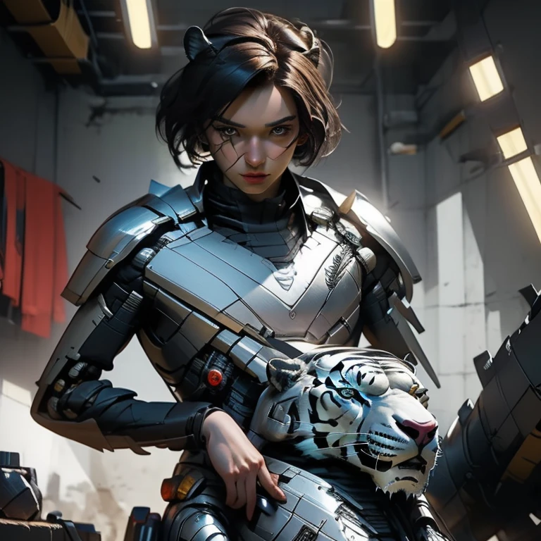 a tiger is sitting on top of a robot with a gun in its hand and a gun in its hand, Aleksi Briclot, warhammer, concept art, furry art