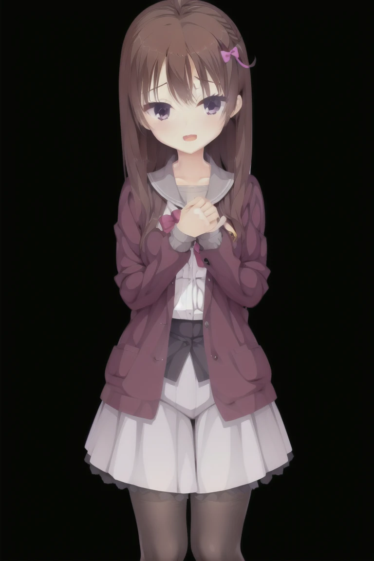 -First Love, One girl, Telephone, Holding Telephone, cellTelephone, 緑のeye, skirt, Holding, pantyhose, smartTelephone, Long Hair, , Open your mouth, bag, hair ornaments, 笑face, bangs, Hair Clip, pleated skirt, Open clothes, View Viewer, red bow, black skirt, Ahoge, throw, blush, shirt, Sailor collar, bow, serafuku, Brown Hair, Are standing, Long sleeve, red bowtie, clavicle, cardigan, :d, school bag, bowtie, ribbon, hair ribbon, white Sailor collar, coat, Depth of written boundary, teeth,expensive_solve, clear_image, expensive_Contrast, 8k, Sparkling, beautiful_detailed_face_and_eye, (Brown Hair:1.25), 白 eye,Black background