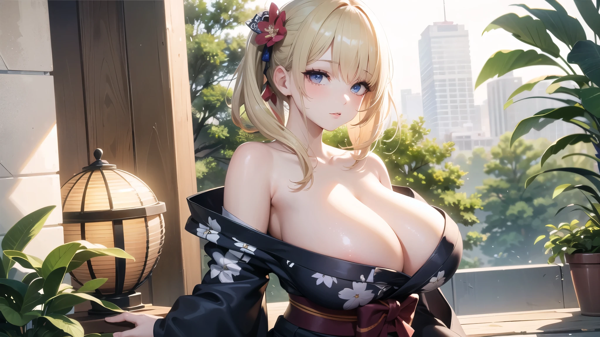(((masterpiece, best quality))), (((superior quality))), cute girl, ((extremely detailed girl)), ((huge breasts)), (yukata), (bare shoulders), strapless top, twin-tail blonde