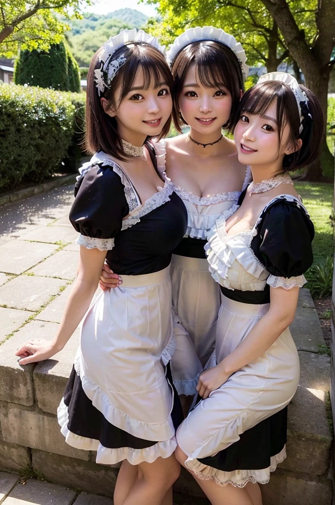 ((highest quality, masterpiece)), Three lifelong friends,Japanese Idols,(A tight classic maid outfit with lace and frills:1.3),(black and white maid outfit:1.1),White apron, Warm embrace, A big smile, Surrounded by lush greenery and clear blue skies, Soaking up the sunshine on a perfect day,(Big Breasts)