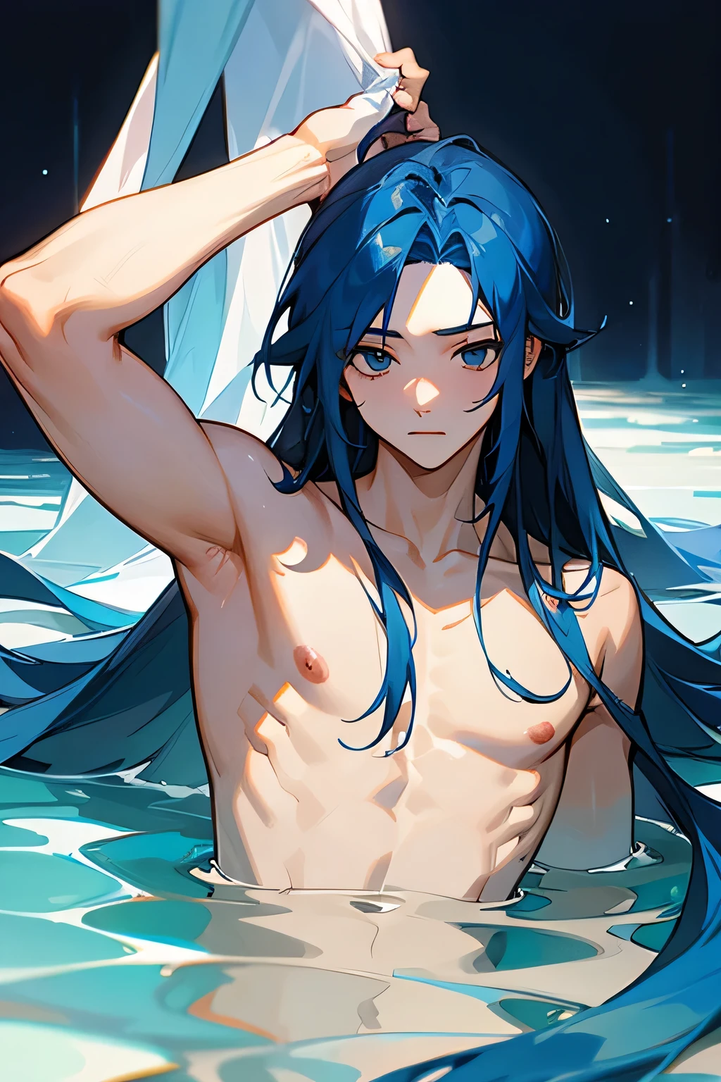 1boy, long_blue_hair, shirtless