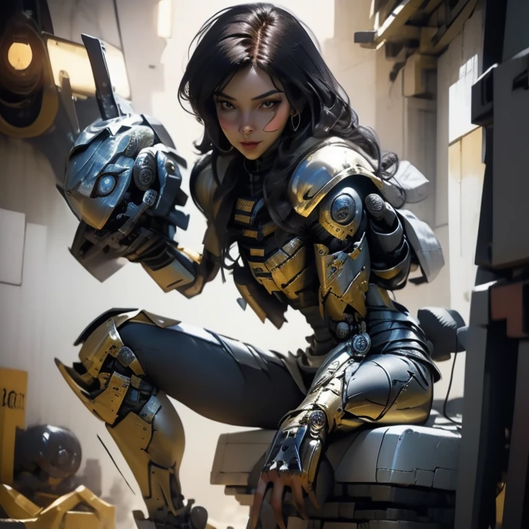 a beautiful young European woman is sitting on top of a robot with a gun in its hand and a gun in its hand, Aleksi Briclot, warhammer, concept art, furry art
