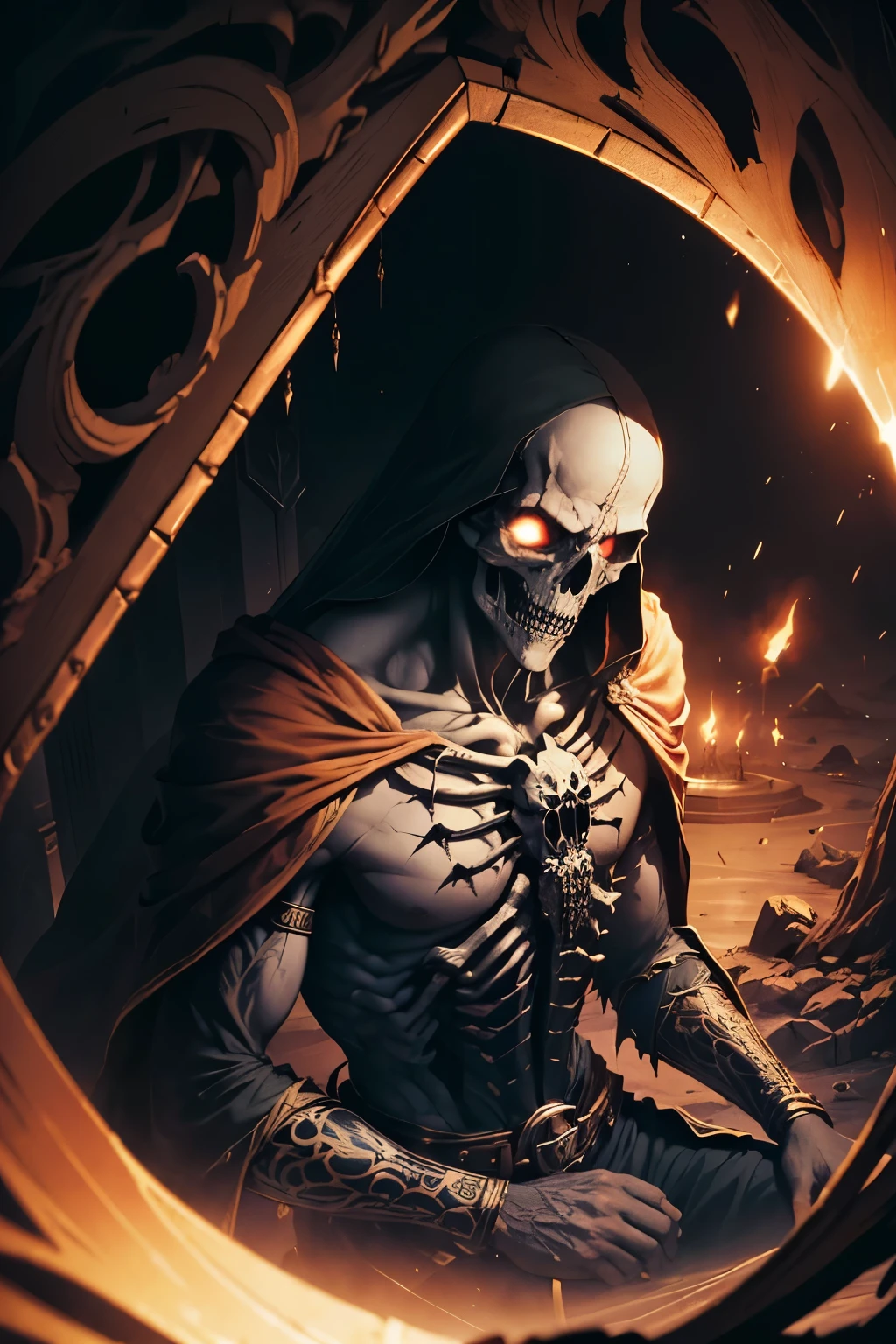 ((Best quality)), ((masterpiece)), ((realistic cartoon)), ((perfect character)): Death beheading skeletons holding a scythe,plenty of skulls on the ground and pile of bones,In this stunning and highly detailed realistic cartoon. Death stands curved with, clad in gold,contemplating his treasure, complete with flowing garments and ornate patterns. His face is high, adding to his evil and deadly appearance. Death  channels the power of the void. The scene is set in a thematically rich environment, filled with magical vibes, and mystical symbols that enhance the ambiance. The dark lighting, crafted with a cinematic touch, casts a spellbinding dark glow, emphasizing the evil aura surrounding the Death. Every element of this masterpiece is carefully designed to create a sense of realism and immersion. The intricacies of the Death , the mesmerizing effects of his conjurations, and the level of detail in his weathered face all contribute to a captivating visual experience. This artwork is presented in stunning UHD resolution, allowing you to appreciate every nuance and intricacy in breathtaking detail. View from above,fisheye,Eye level, scenic, masterpiece,mtg art,magic the gathering art.