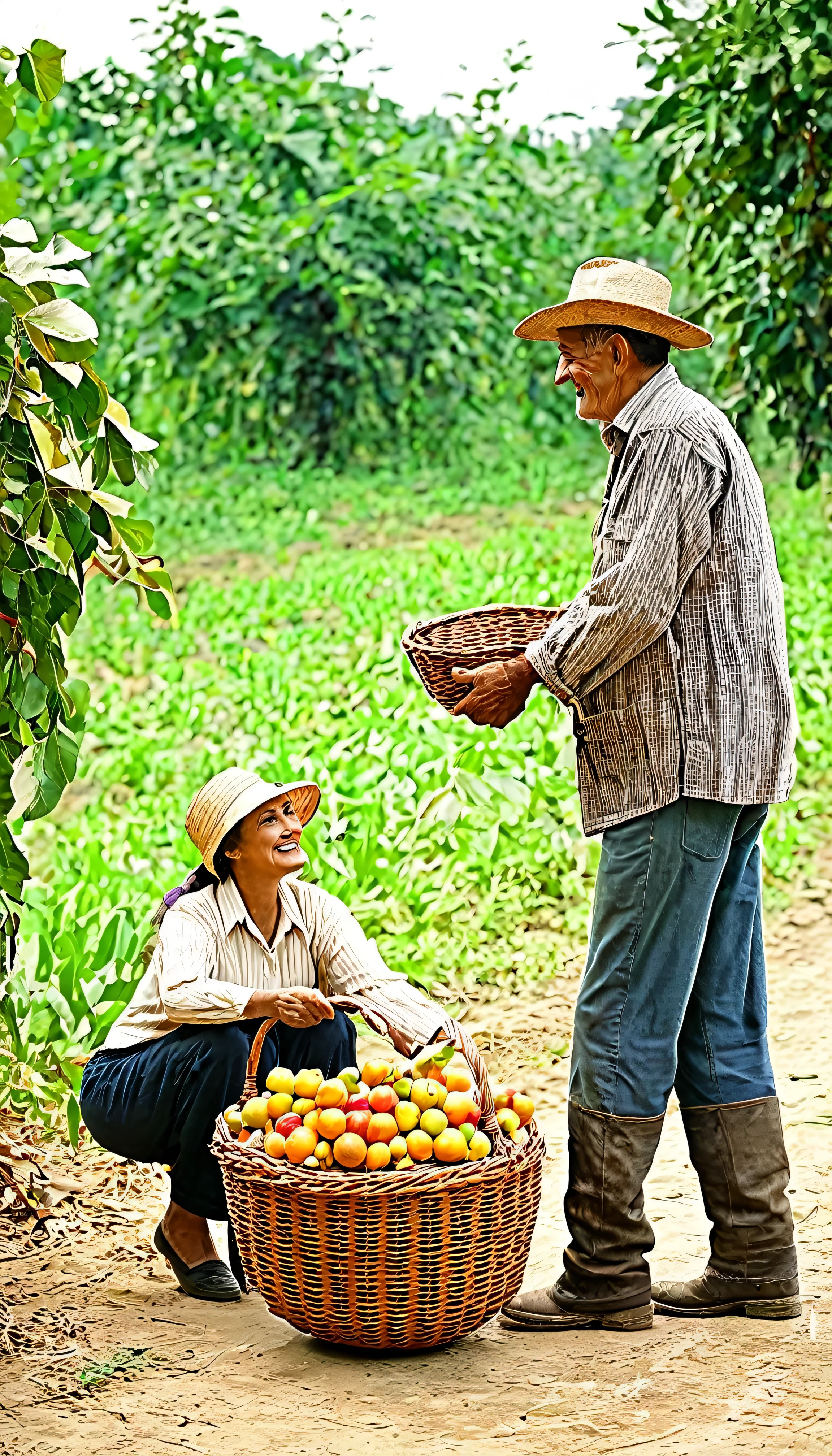 old farmer man giving to a woman a basket full of fruits