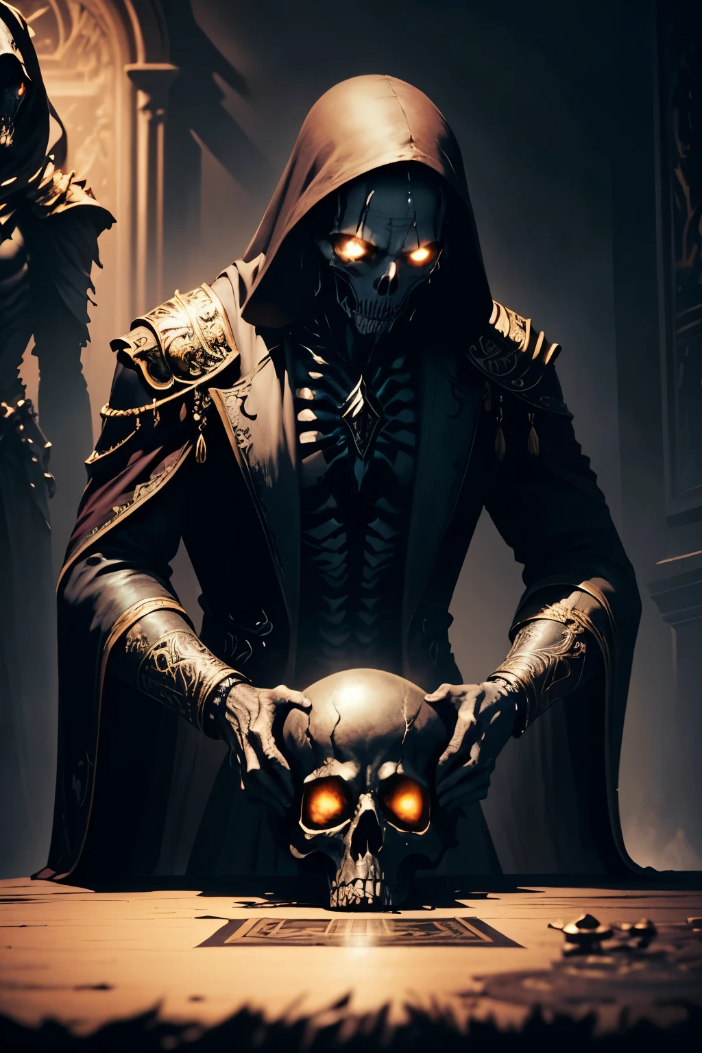 ((Best quality)), ((masterpiece)), ((realistic cartoon)), ((perfect character)): Death beheading skeletons,In this stunning and highly detailed realistic cartoon. Death stands curved with, clad in gold,contemplating his treasure, complete with flowing garments and ornate patterns. His face is high, adding to his evil and deadly appearance. Death  channels the power of the void. The scene is set in a thematically rich environment, filled with magical vibes, and mystical symbols that enhance the ambiance. The dark lighting, crafted with a cinematic touch, casts a spellbinding dark glow, emphasizing the evil aura surrounding the Death. Every element of this masterpiece is carefully designed to create a sense of realism and immersion. The intricacies of the Death , the mesmerizing effects of his conjurations, and the level of detail in his weathered face all contribute to a captivating visual experience. This artwork is presented in stunning UHD resolution, allowing you to appreciate every nuance and intricacy in breathtaking detail. View from below,fisheye,Eye level, scenic, masterpiece,mtg art,magic the gathering art.