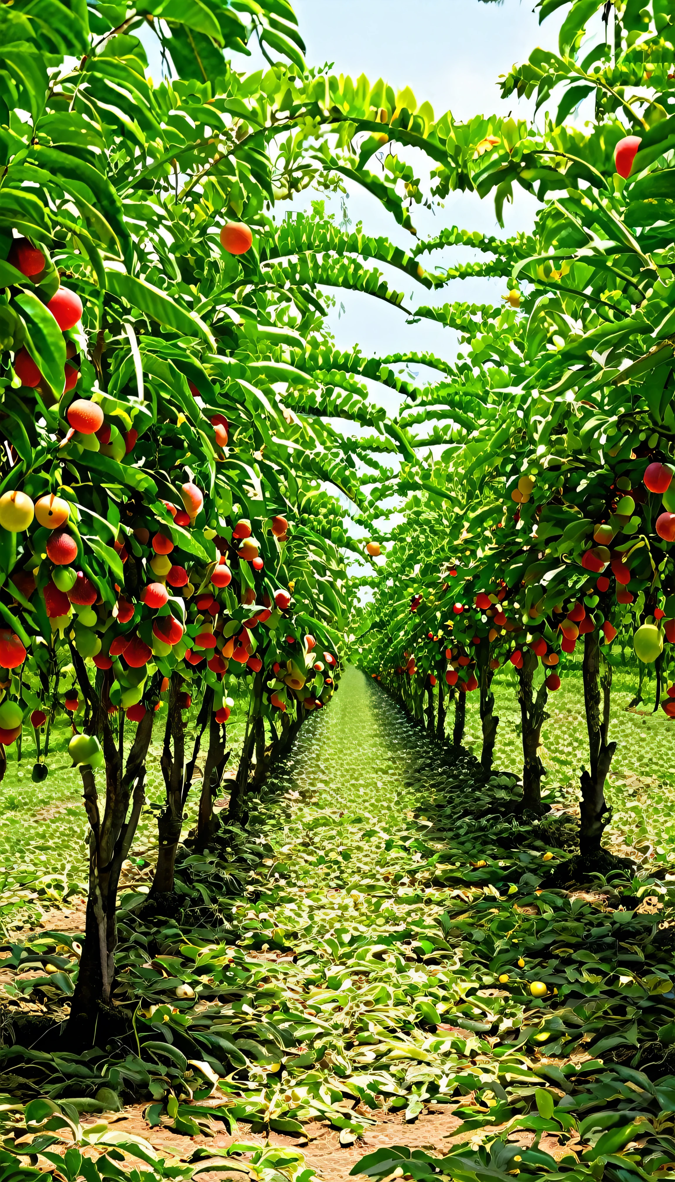 green plantation full of red, green, yellow fruits
