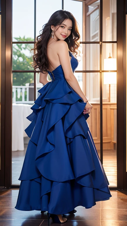  highest quality、8K、High resolution、Perfect Face、Perfect Style、Sunburn、Long Layered Hair、beautiful、stylish charm、Mature、Curly Hair、Hair shed back、A gorgeous royal blue cocktail dress、dinner、whole body、High heels,smile、