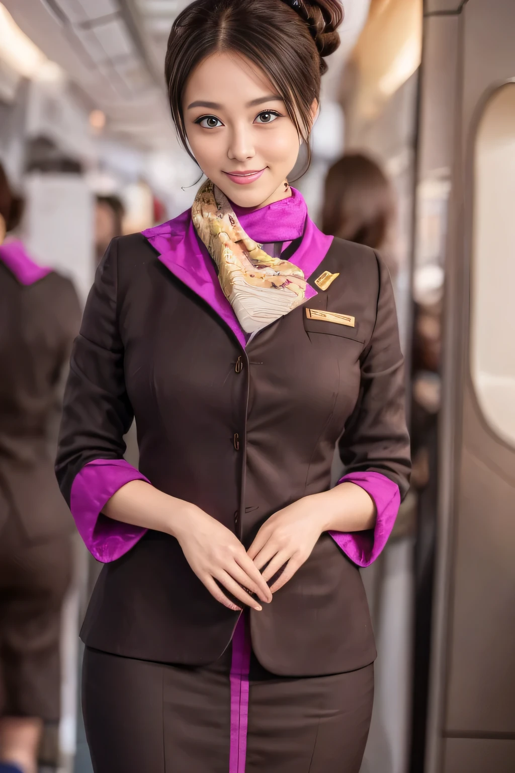 (masterpiece:1.2、highest quality:1.2)、32K HDR、High resolution、(alone、1 girl、Slim figure)、（A realistic reproduction of the ETIHAD Airways Cabincrew Uniform）、 (On board, Professional Lighting)、A proper woman, Beautiful Face,、（Long sleeve ETIHAD Airways Cabincrew Uniform）、（ETIHAD Airways Cabincrew Uniform skirt with purple stripe on the front）、（scarf on chest）、Big Breasts、（Long Hair Up、Hair Bun）、Dark brown hair、Long Shot、（（Great hands：2.0））、（（Harmonious body proportions：1.5））、（（Normal limbs：2.0））、（（Normal finger：2.0））、（（Delicate eyes：2.0））、（（Normal eyes：2.0））)、Beautiful standing posture、smile、Hands folded underneath