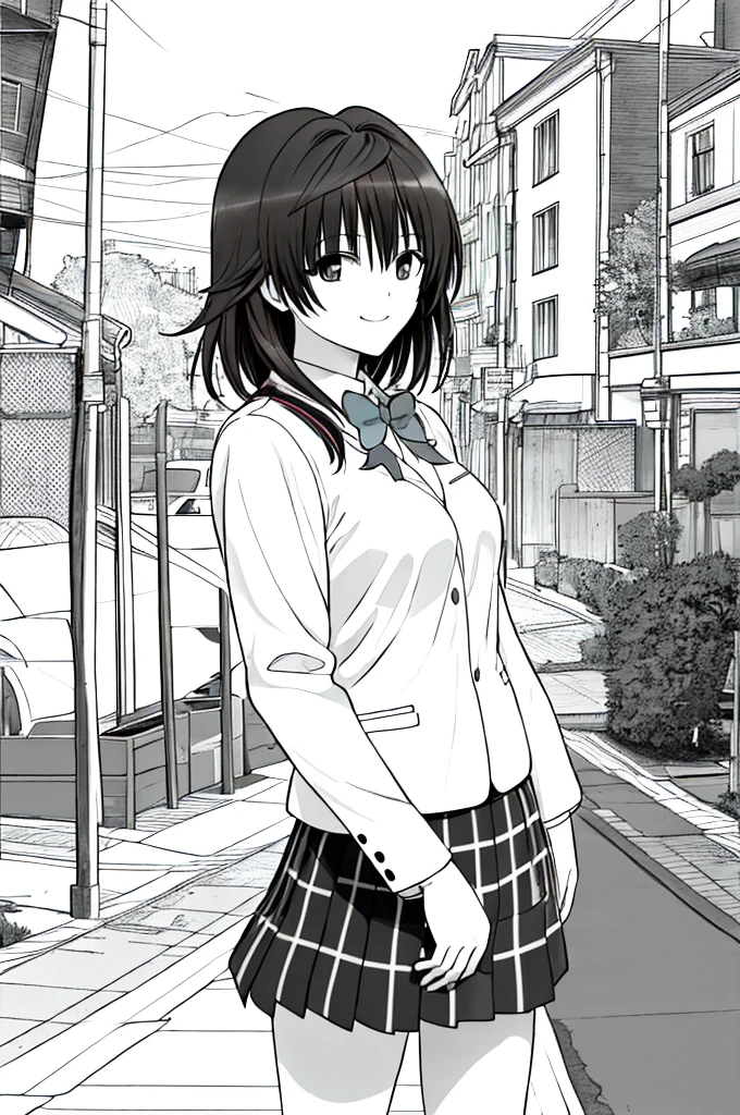 ​masterpiece, top-quality, 1girl in, Uniforms, A slight smil, a school bag, A dark-haired, Black eyes, cyberpunked, a street, monochromes, line-drawing、iced