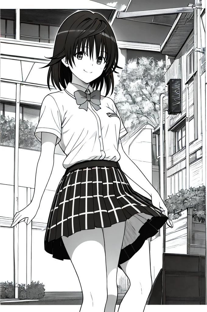 masterpiece, top-quality, 1girl in, Uniforms, A slight smil, a school bag, A dark-haired, Black eyes, cyberpunked, a street, monochromes, line-drawing、iced