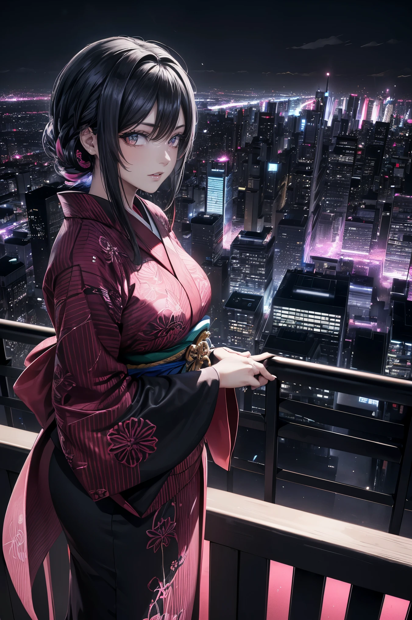 anime, (obra de arte, melhor qualidade, ultra-detalhado, alto contraste), 1 mulher (Sozinho, corpo todo, corpo plus size, standing on the edge of the skyscraper, cabelo prateado, CABELO LONGO E FLUXO, olhos vermelhos brilhantes de rubi, (Kimono preto, black cybernetics with neon pink), meias pretas transparentes), (skyscraper roof, com vista para uma cidade, fundo detalhado ((Night time, darkness, low light pollution)))